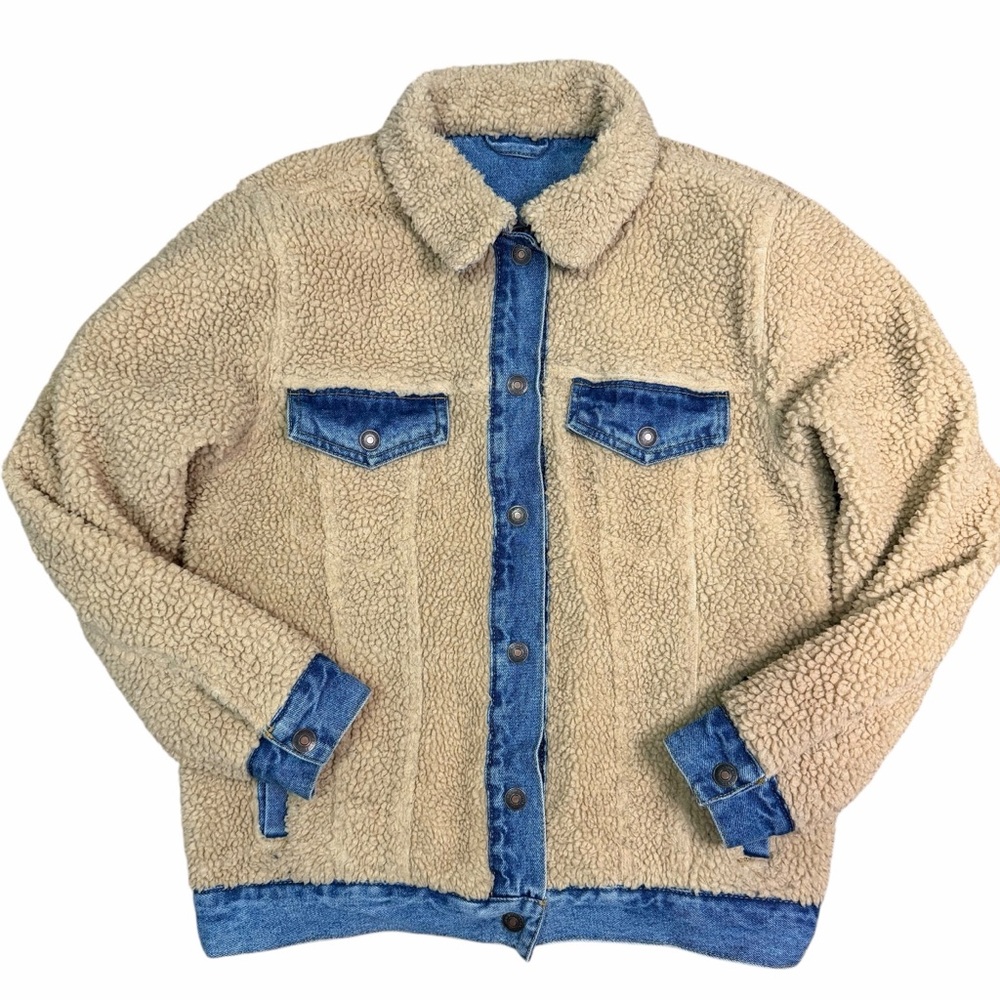 Forever 21 Beige Sherpa Jacket with‎ Denim Trim size Small